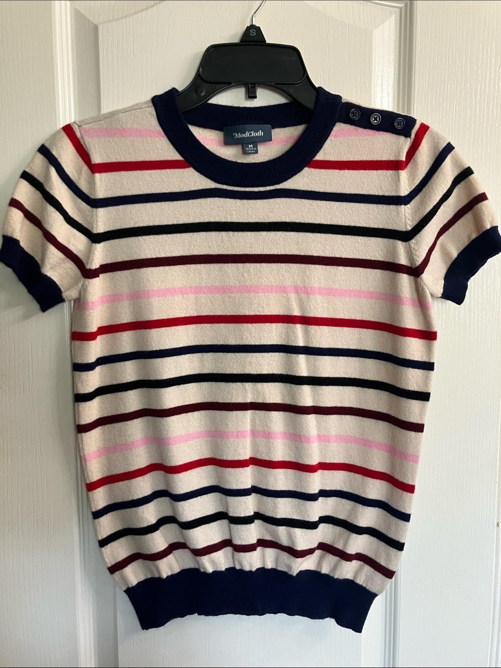 Modcloth Navy Trim Cream Sweater with Red, Pink & Burgundy Stripes